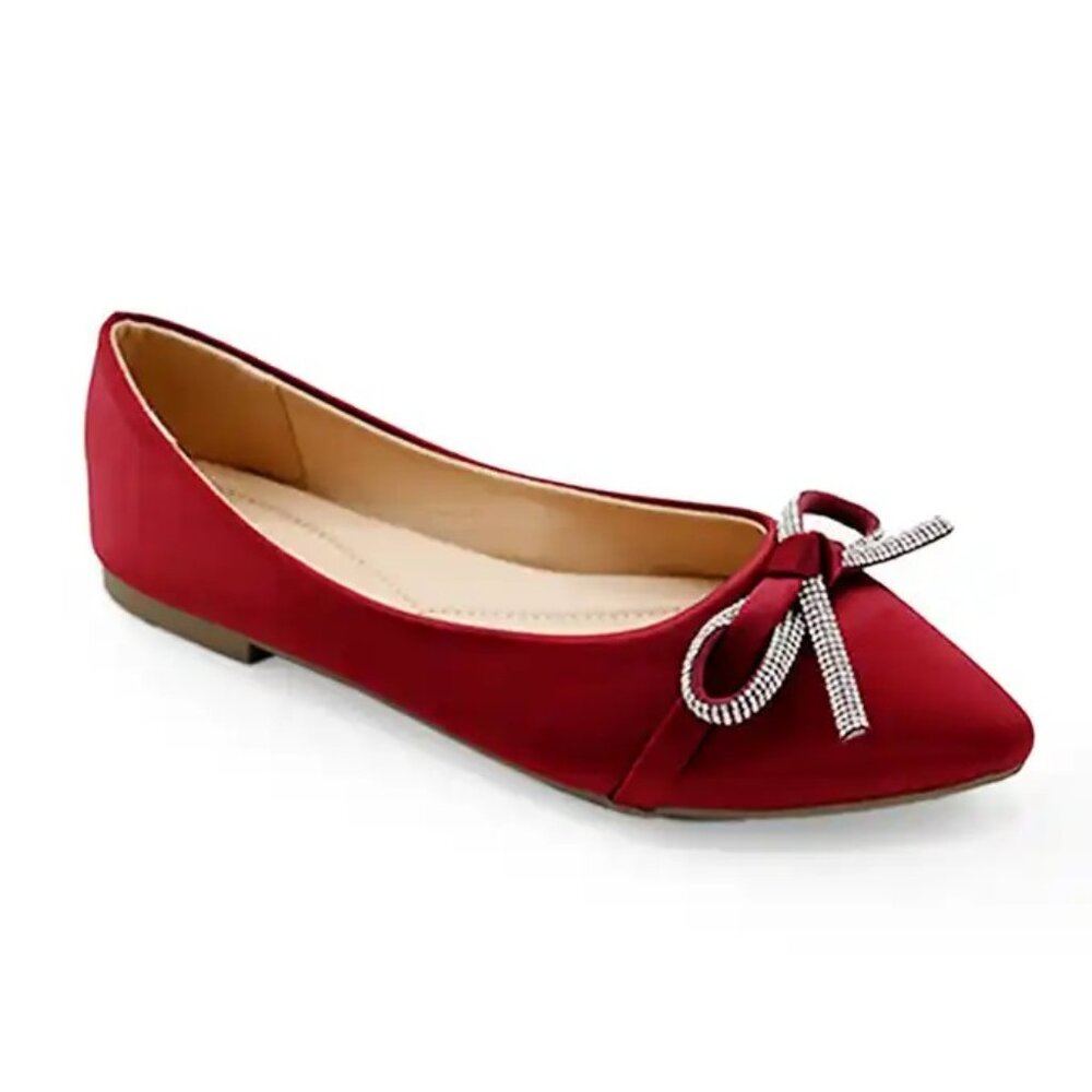 Women’s Red Ballerina Flats – Rhinestone Bow Detail – Pointed Toe Slip On